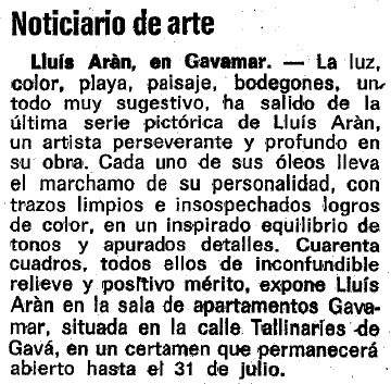 Noticia publicada en el diario LA VANGUARDIA sobre una exposici�n del pintor Llu�s Aran en los apartamentos GAVAMAR (16 de Julio de 1981)